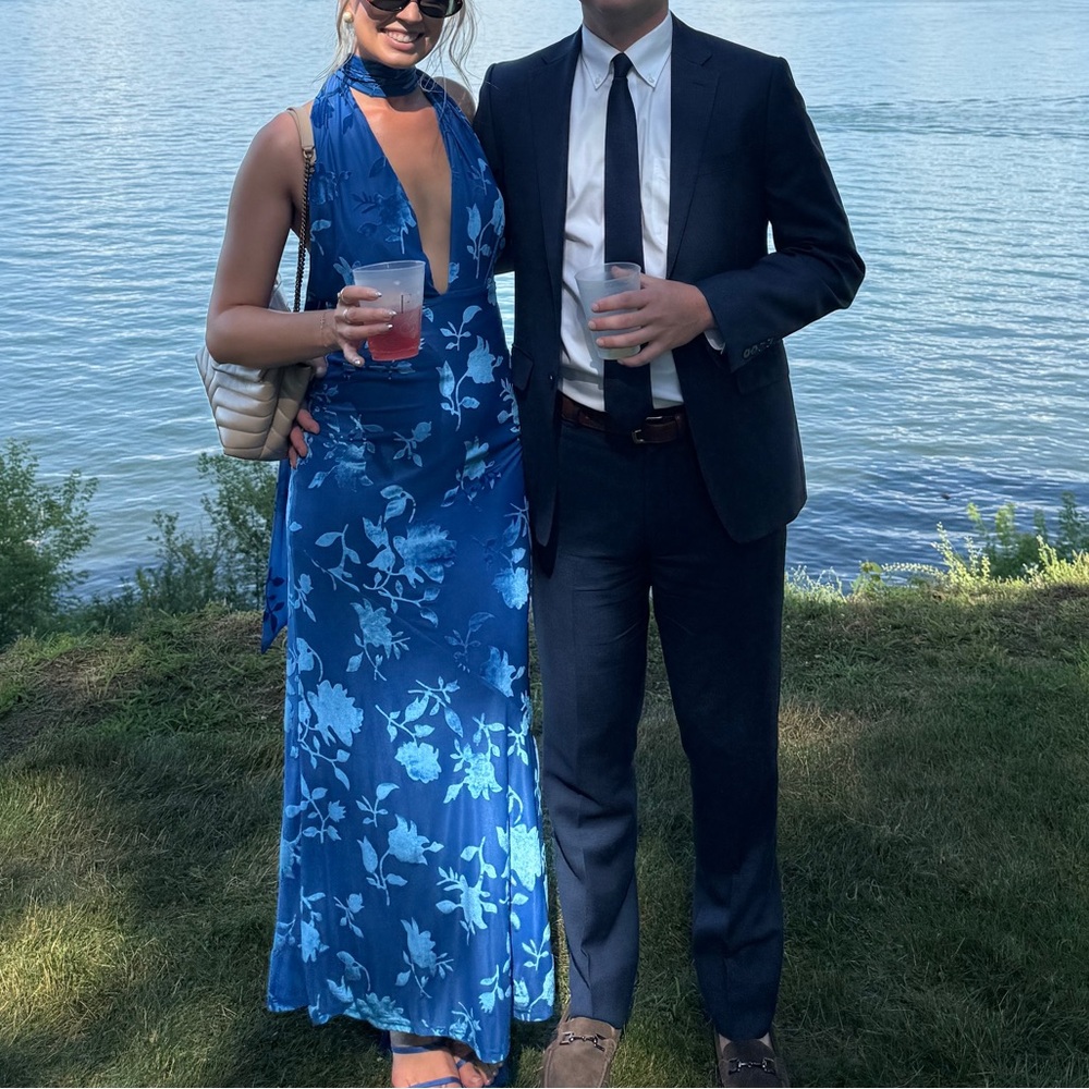 Hello Molly Blue Halter Velvet Maxi Dress